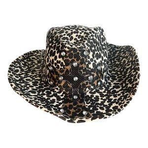 Leopard Print Paper Cowboy Hat with Cross & Crystal Studs Brown Women size M/L